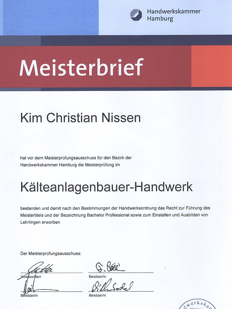 Meisterbrief im Kälteanlagenbauer-Handwerk, ausgestellt auf Kim Christian Nissen